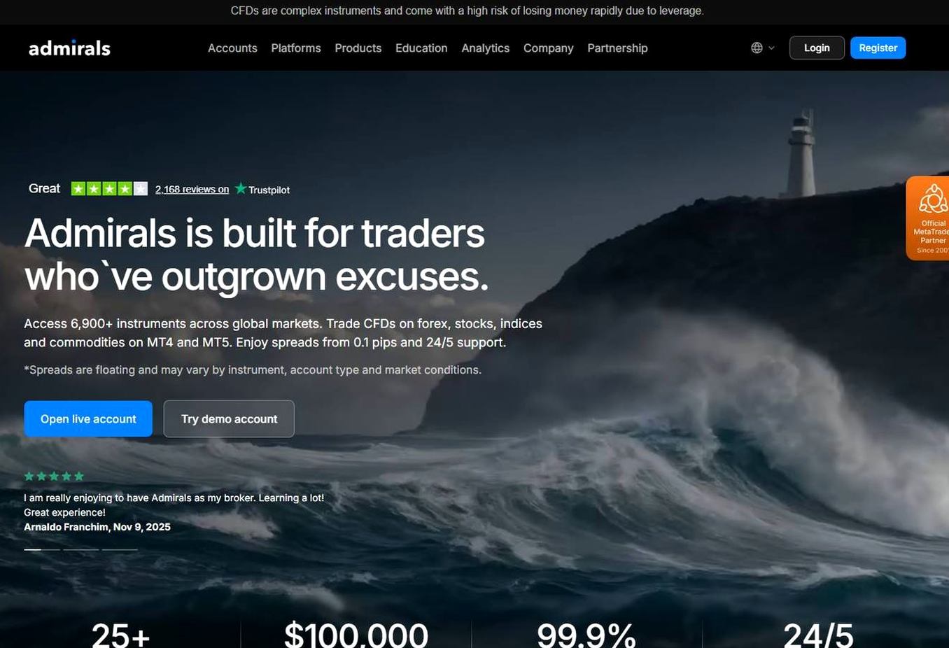 Screenshot of the Admirals website