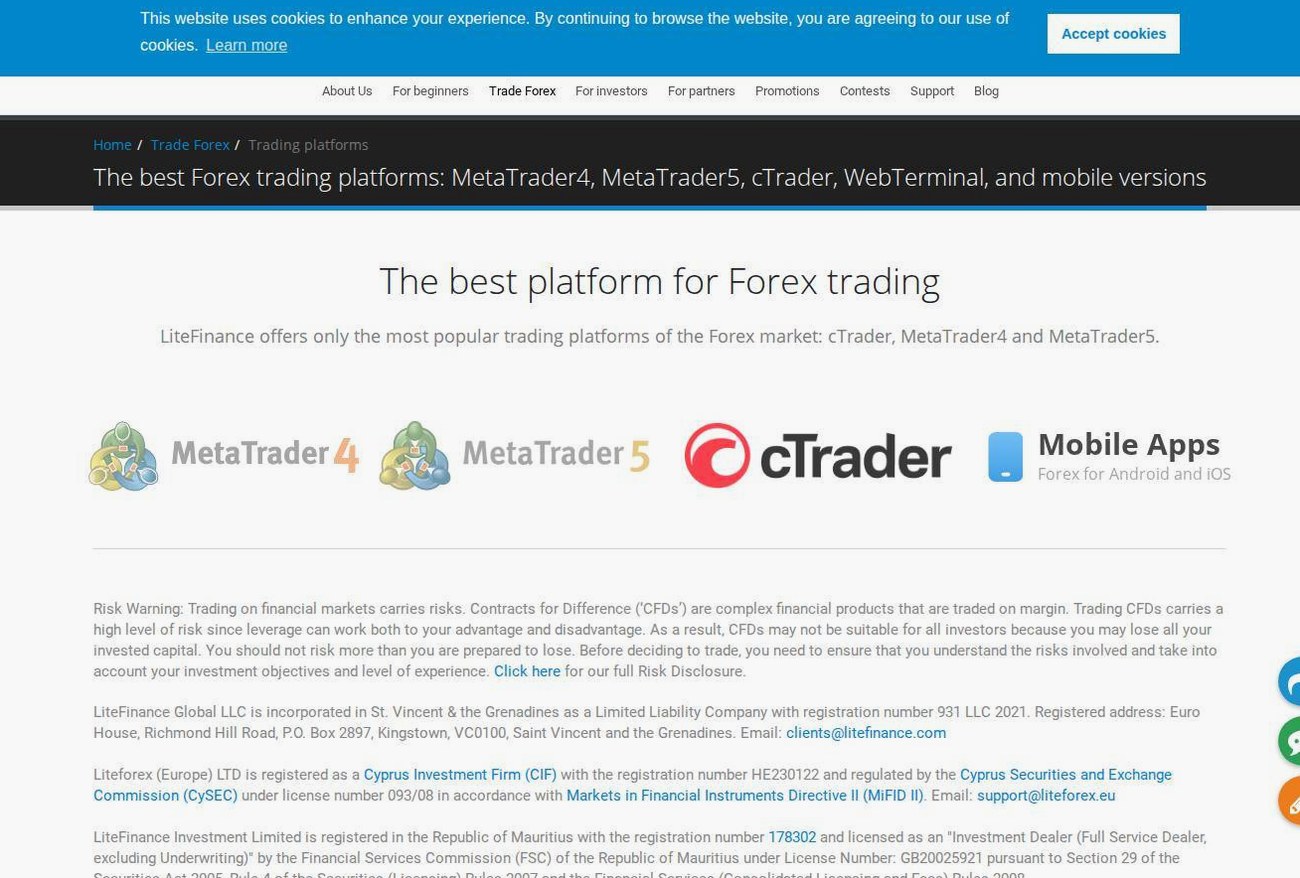 The platform page on the LiteFinance website