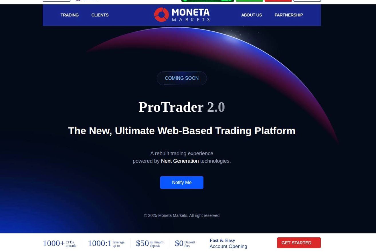 The platform page on the Moneta Markets website