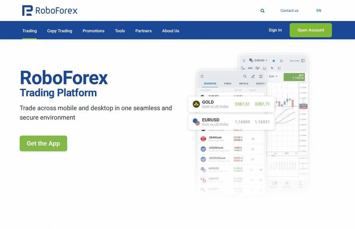 The platform page on the RoboForex website