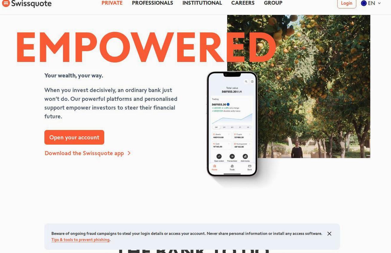 The platform page on the Swissquote website